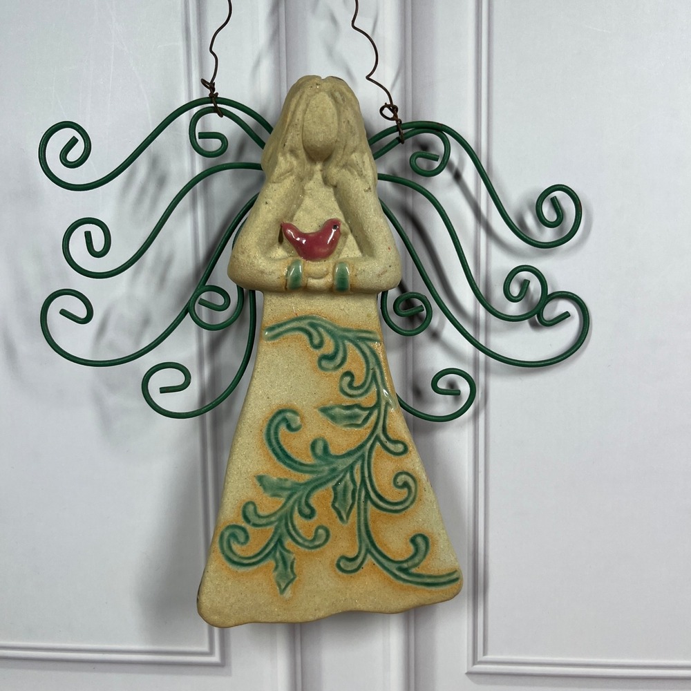 Angel Wall Hanging‎ Home Decor Cream Green 6 in Sandstone Metal Bird Rustic